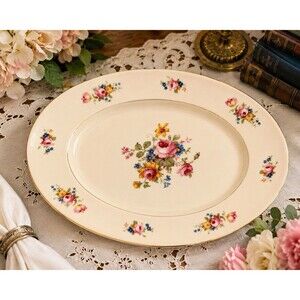 Vintage Czechoslovakia Floral Porcelain Serving Platter Gold Trim Oval 13” Roses